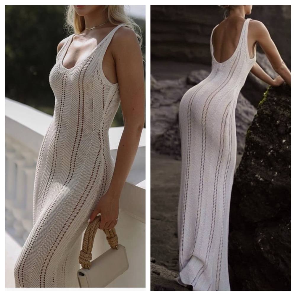 🆕 Ivory Crochet Knit Maxi Dress Scalloped Bottom Sexy Open Back Semi Sheer XL